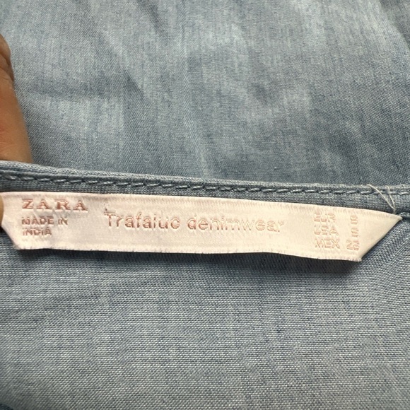 Zara Denimwear Chambray Embroidered Pom Pom Peasant Boho Oversize Top - Picture 7 of 8